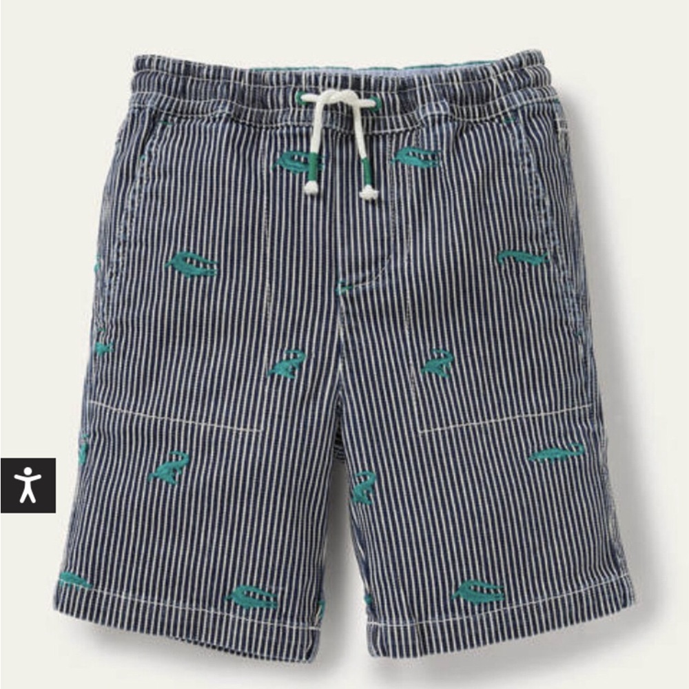 Mini Boden Blue Ticking Stripe Croc Embroidered Shorts, Youth Size 8
